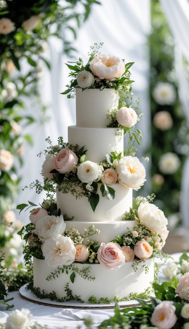A multi-tiered wedding cake decorated with fresh flowers and greenery on a table with garden foliage in the background.